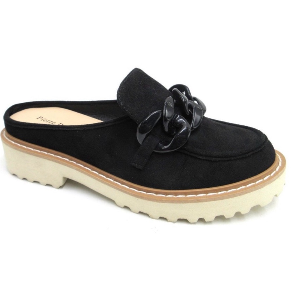 Pierre Dumas Black and Cream Mules with Chain Detail
